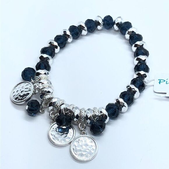 Piper Madison Silver Tone & Blue Bead Dangly Charm Stretch Bracelet NWT - Picture 2 of 5